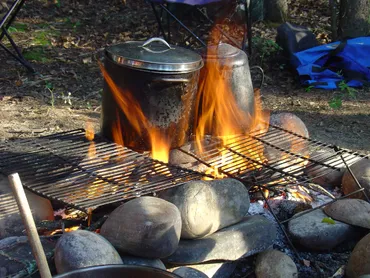 camping tour, cooking, open fire
