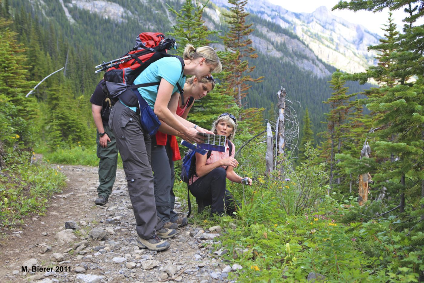 guide with group during camping tour from rockies to vancouver island | reiseleiter mit gruppe bei der zeltreise von rockies bis vancouver island
